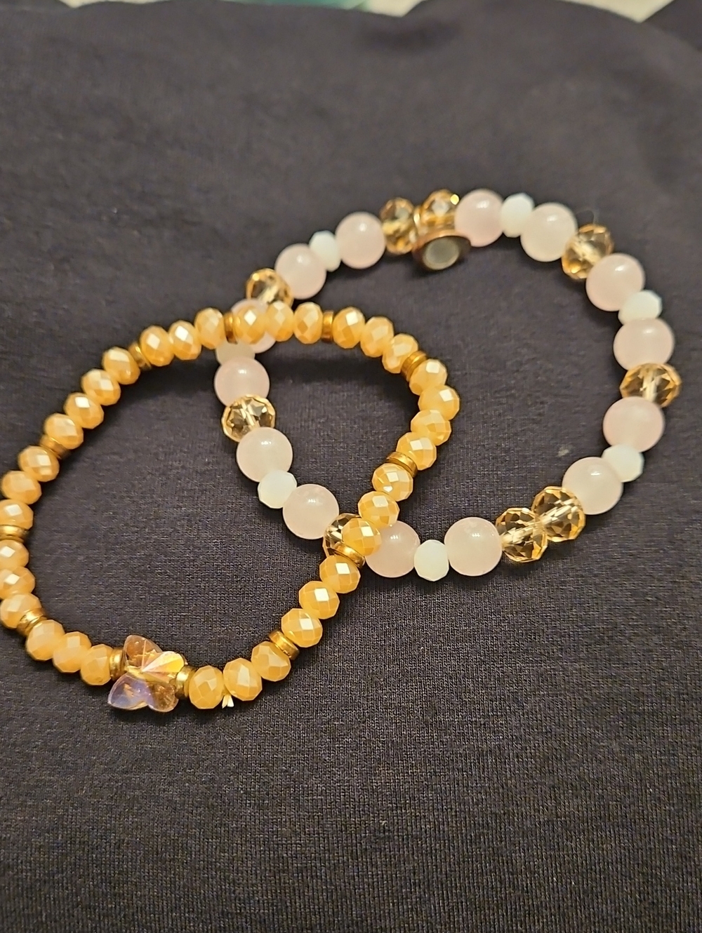 2Pc Y2K Pastel Pink Rose Quartz & Champagne Glass Butterfly Bracelet Stack